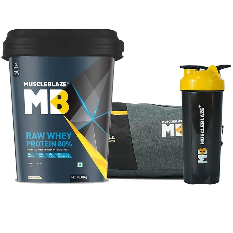 MuscleBlaze 80% Raw Whey Protein 4kg Unflavoured & Gym Bag & Shaker Combo