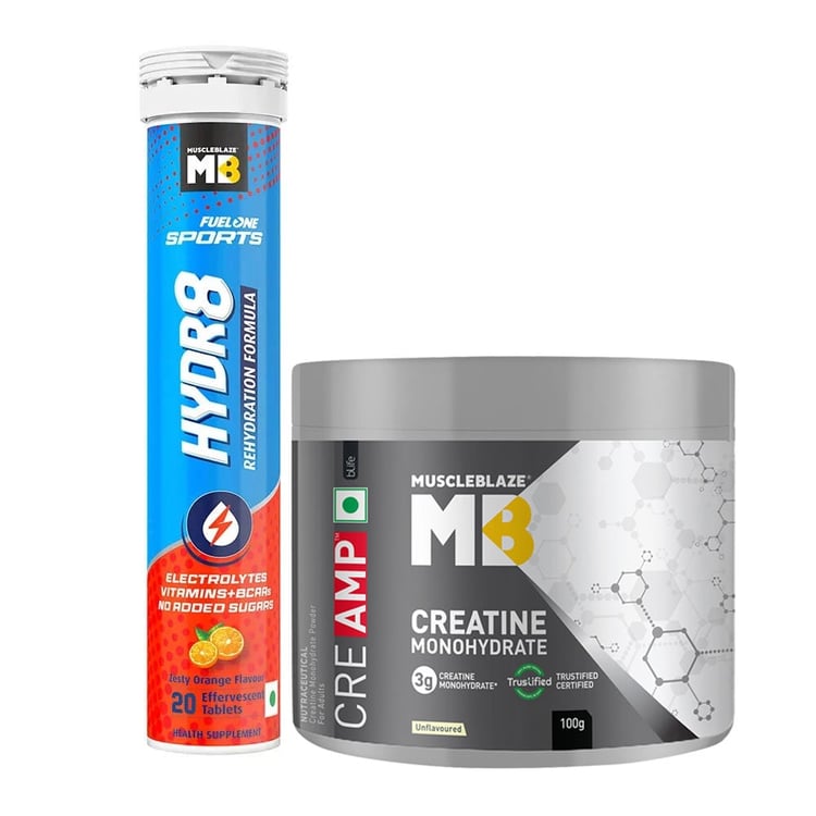 MuscleBlaze Creatine Monohydrate 0.22 lb & Fuel One Sports Hydr8 20 Tabs Zesty Orange Combo