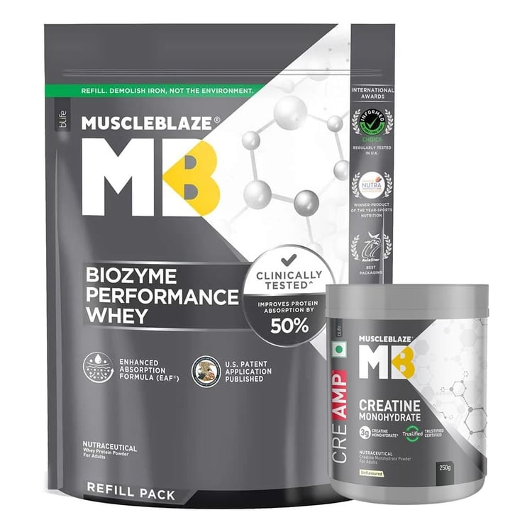 MuscleBlaze Biozyme Performance Whey 1 kg Refill Pack & Creatine Monohydrate 0.55 lb Combo