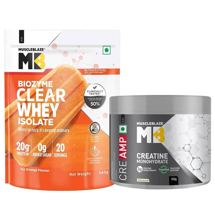 MuscleBlaze Biozyme Clear Whey Isolate 1.19 lb Icy Orange & Creatine Monohydrate CreAMP 0.22 lb Combo