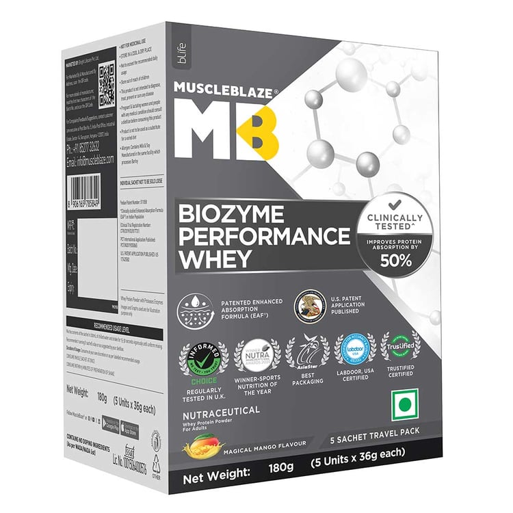 4 - MuscleBlaze Biozyme Performance Whey,  0.39 lb  Magical Mango (Mono Carton)(5x36g) Travel Pack 