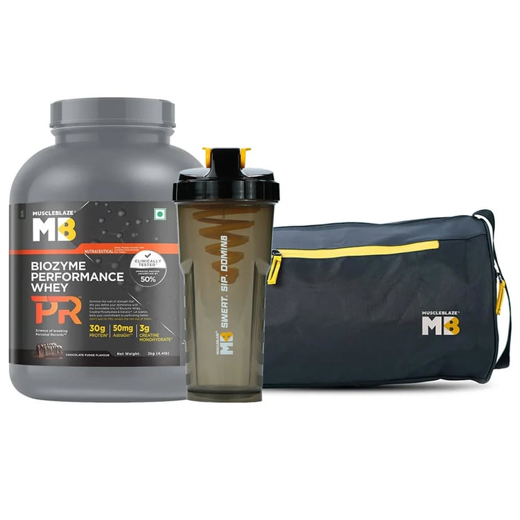 MuscleBlaze Biozyme Performance Whey PR 2 kg Chocolate Fudge & Gym Bag & Shaker Combo