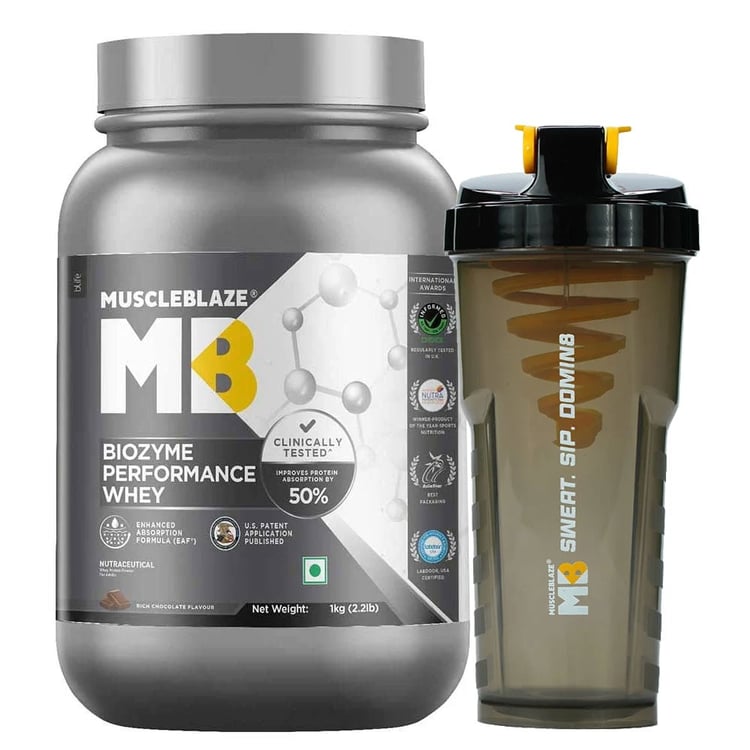 MuscleBlaze Biozyme Performance Whey, 2.2 lb Rich Chocolate with Shaker