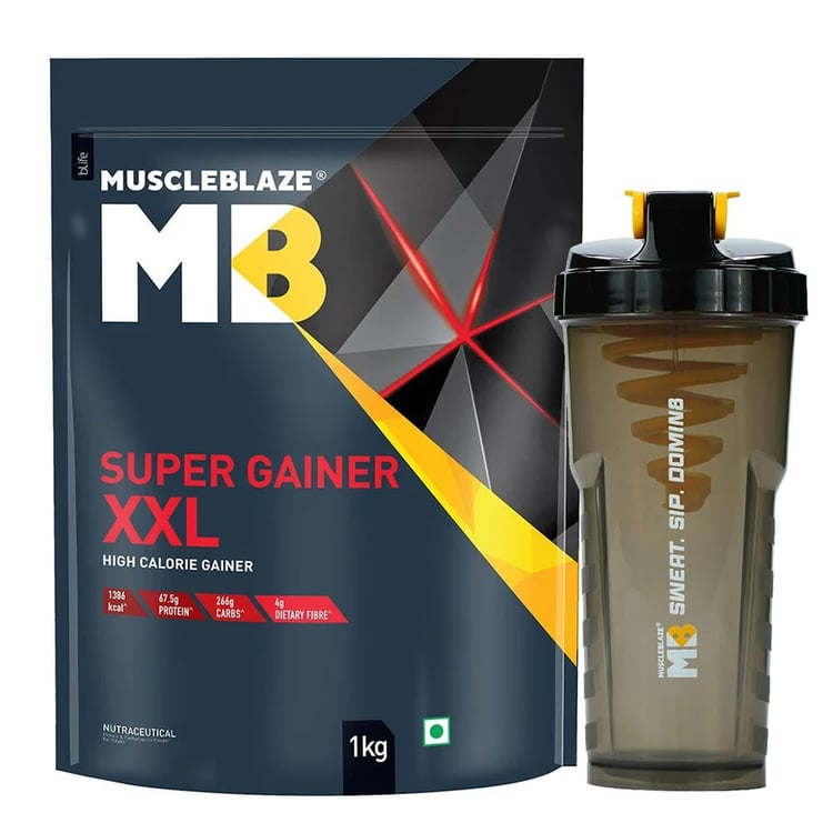 MuscleBlaze Super Gainer XXL Weight Gainer 1kg Chocolate & Shaker Combo