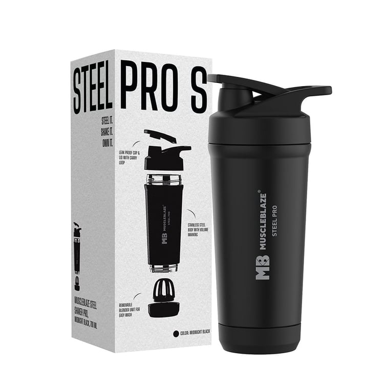 1 - MuscleBlaze Stainless Steel Gym Shaker Pro, Black 700 ml
